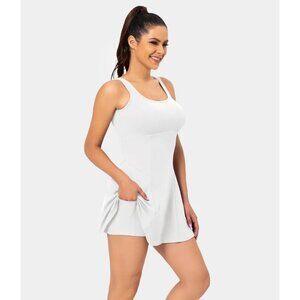 Halara Square Neck Side Pocket 2-Piece Mini Flare Dress Set White XL